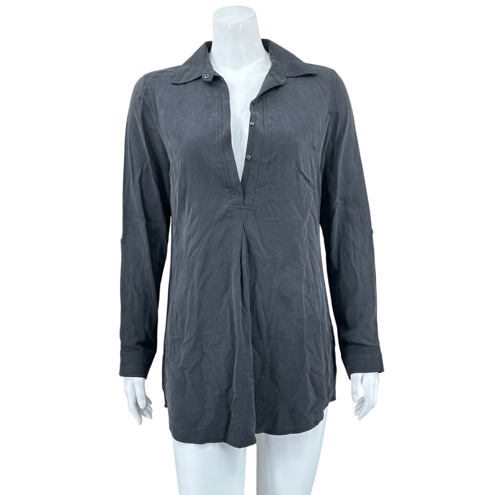 Tyler Boe Top Women XS Black Tunic 100% Silk Pullover V-Neck Long Sleeves Office